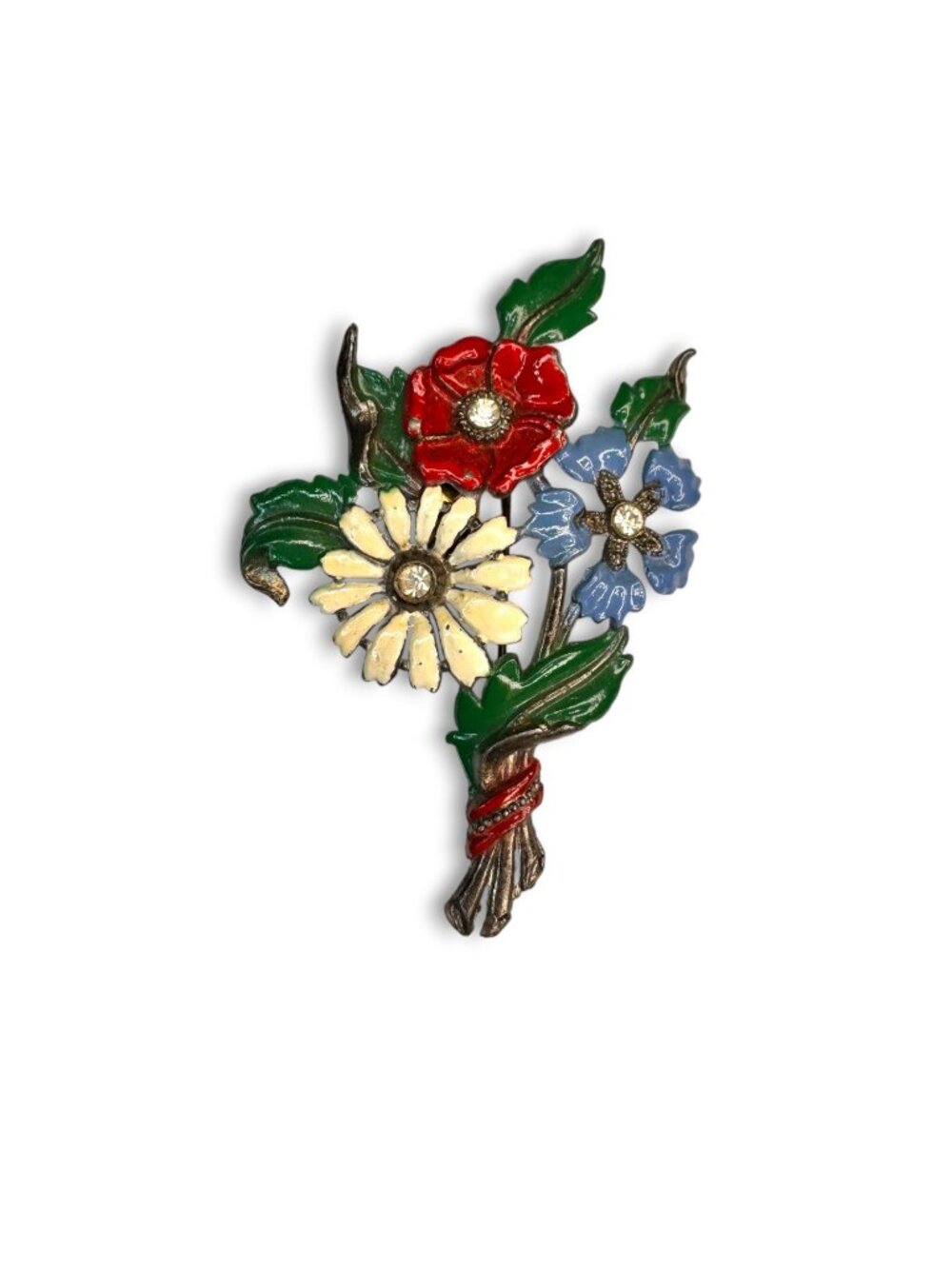 Pot Metal 1940s Enamel Floral Bouquet Brooch Perfume Holder Vintage